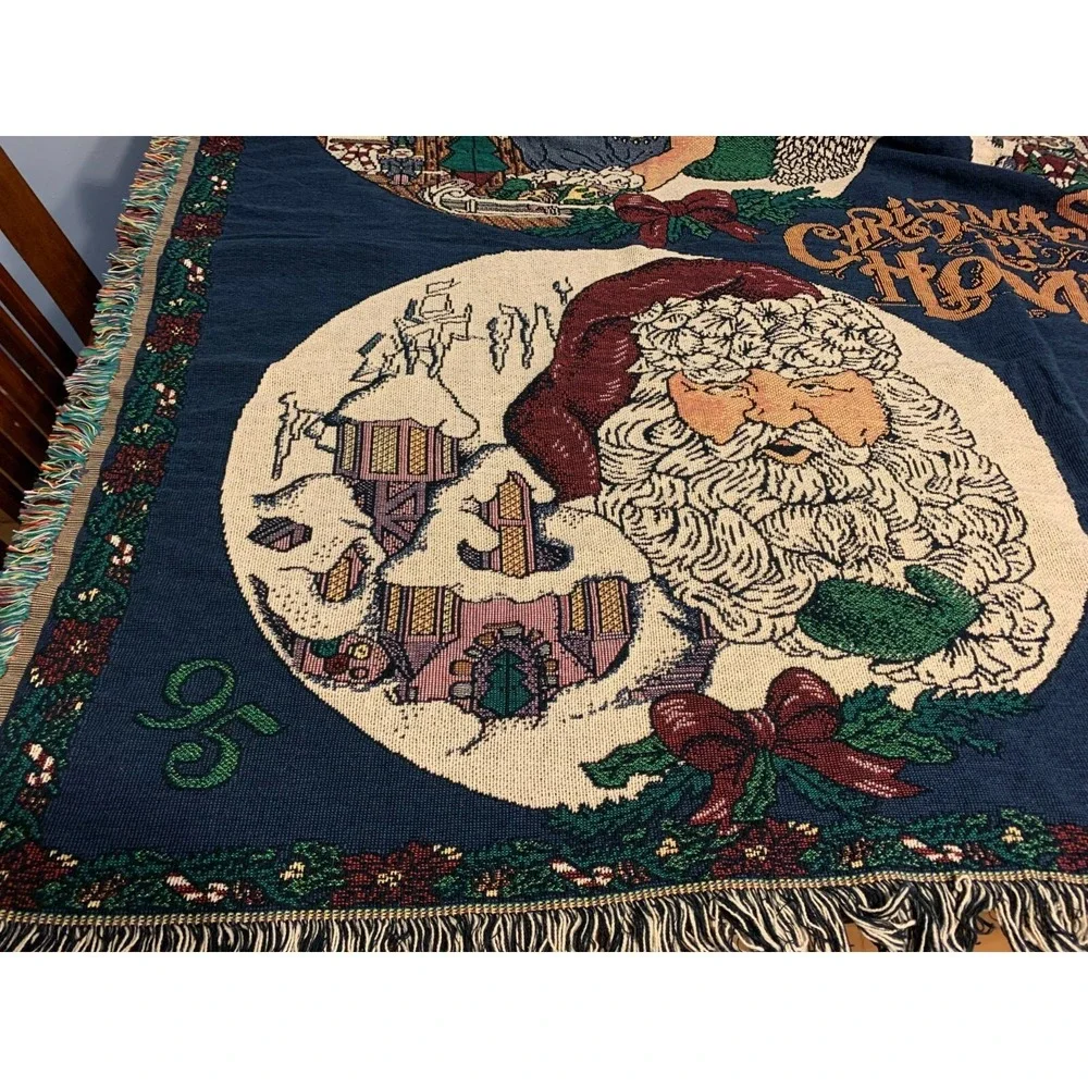 Vtg Santa Christmas at Home Chatham Throw Blanket Tapestry Fringed Cotton USA